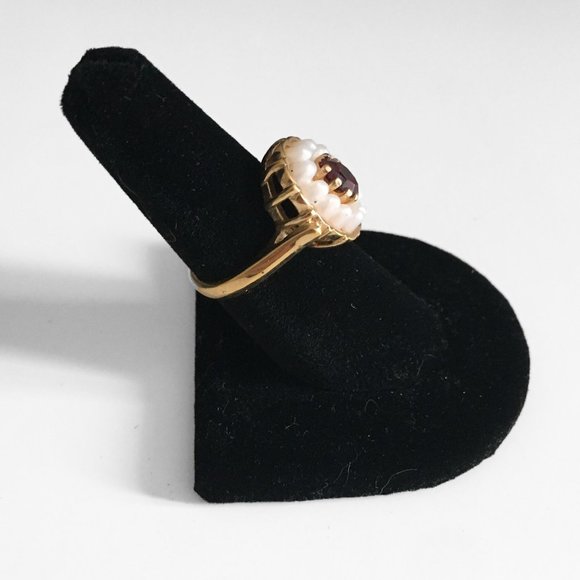 Vintage Faux Pearl Red Stone Costume Jewelry Ring - Picture 3 of 4